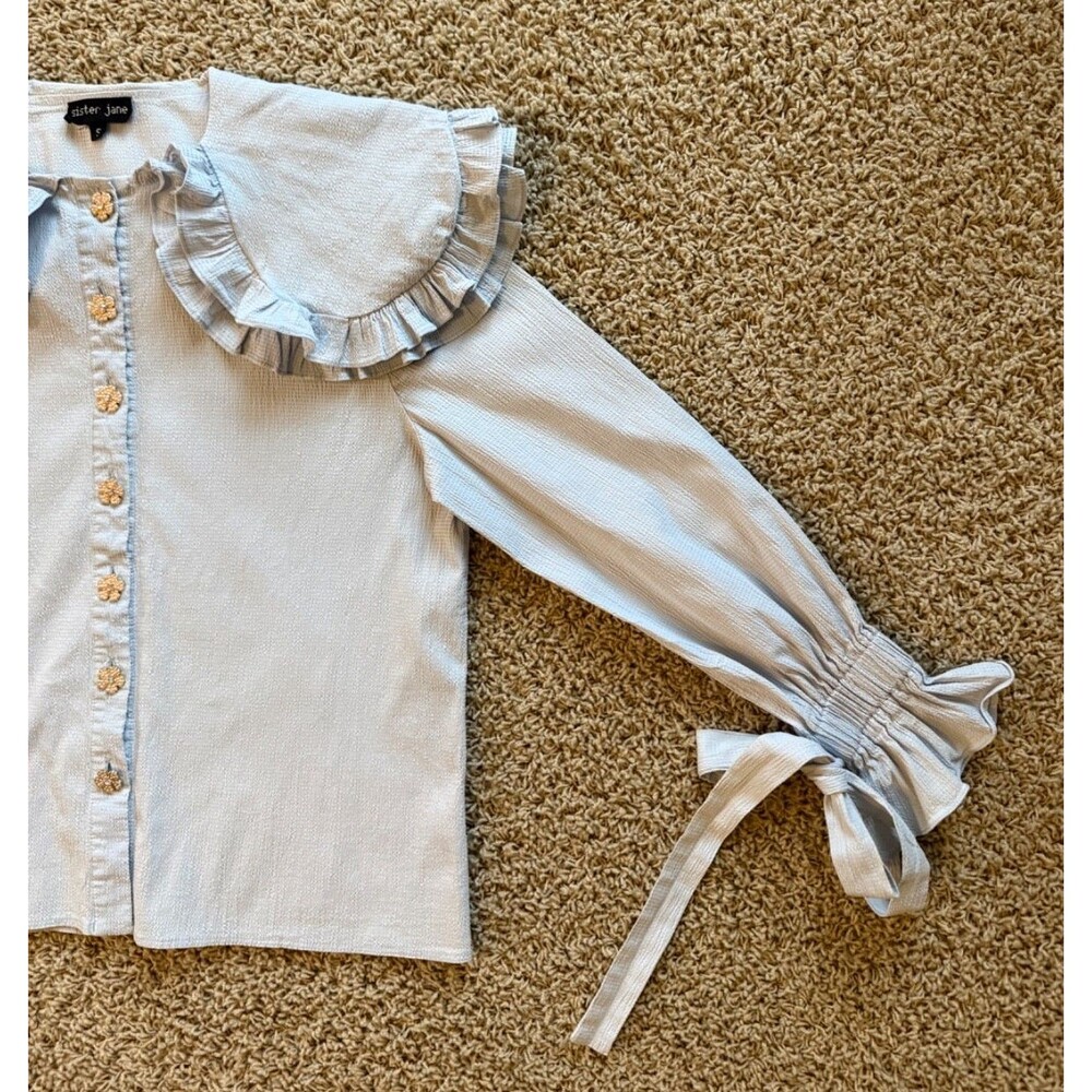 Sister Jane Women's Puritan Collar Blouse Ruffles Rhinestone Floral Buttons - Picture 9 of 15